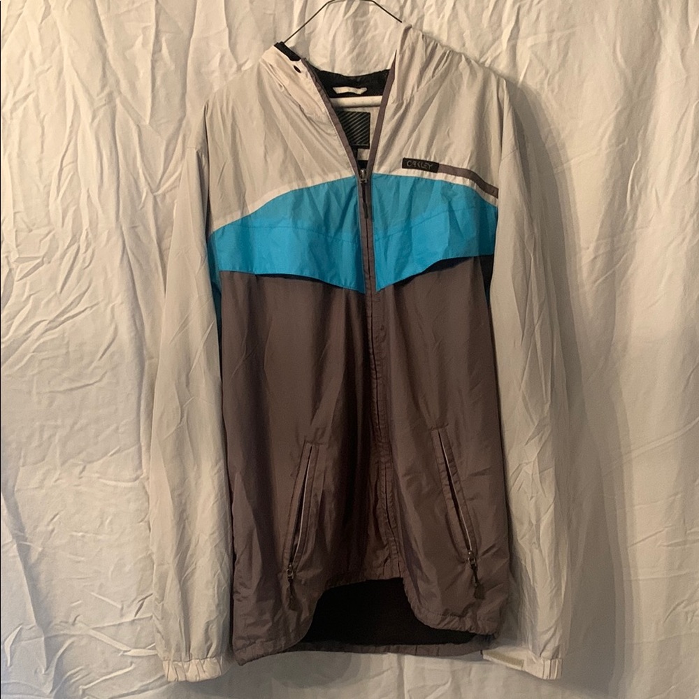 Oakley Hooded Teal, Dark Gray, Light Gray Windbreaker Lightweight Sporty Jacket